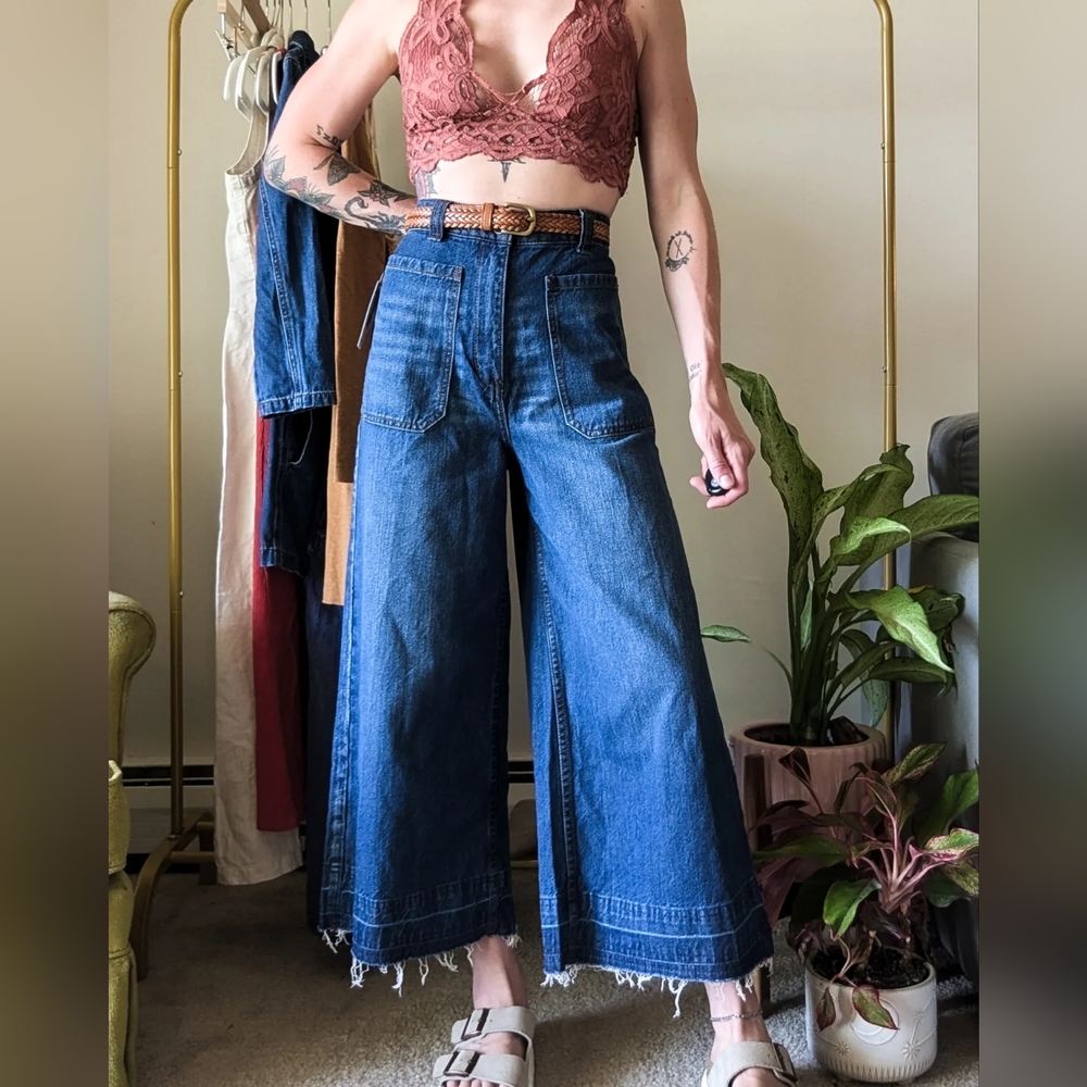 Free People Wide Leg Raw Hem Jeans